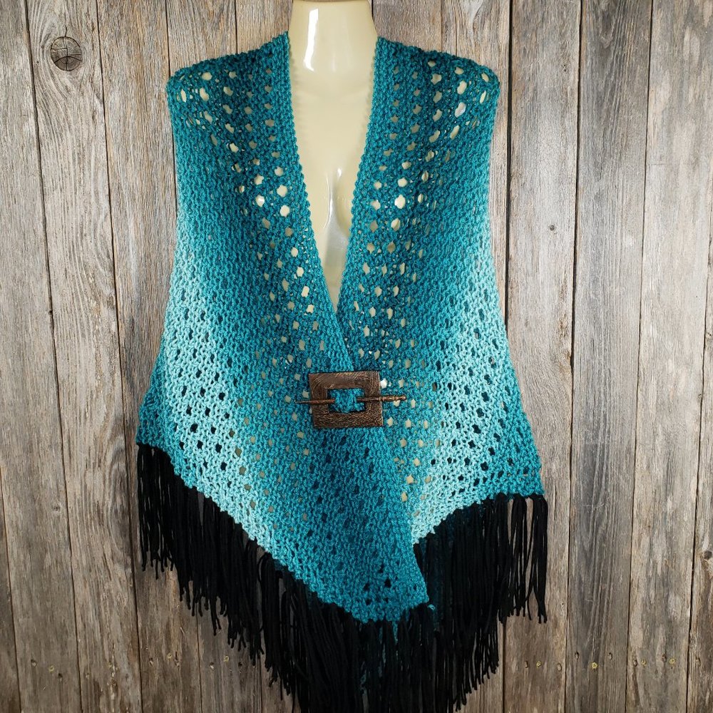 NEW‎ Teal Blue Ombre Hand Knitted Shawl Wrap Scarf Knit Boho Hippie Fringed